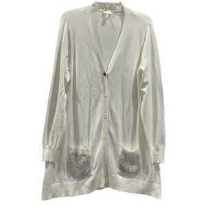 LOGO Lavish Cream Cardigan Sweater Off White Lori Goldstein Lace Jewel Pocket XL